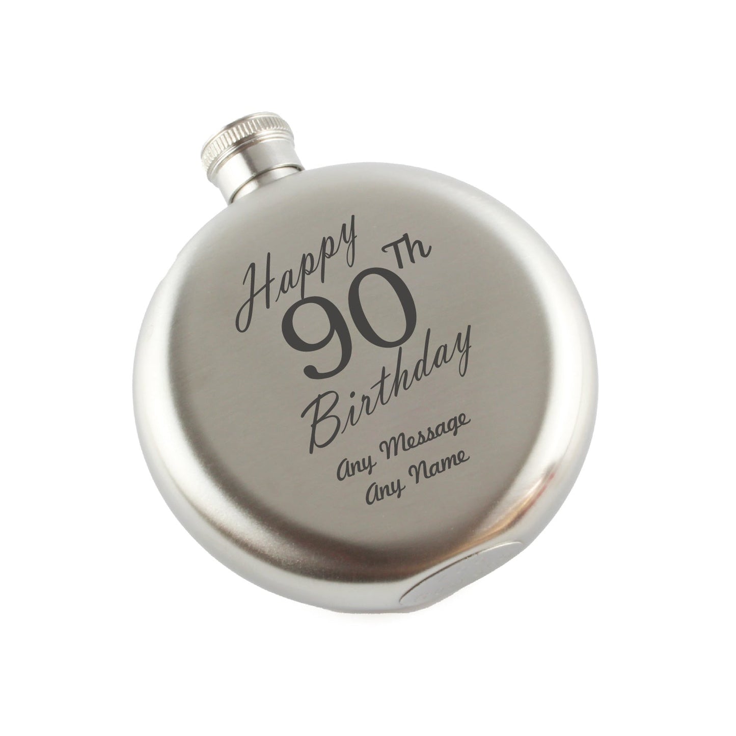Engraved 5oz Round Steel Hip Flask Happy 90th Birthday