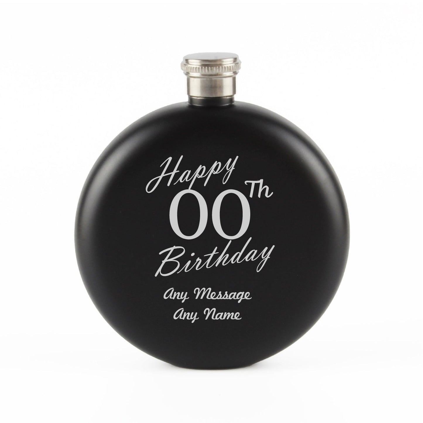 Engraved 5oz Round Black Hip Flask Happy Custom Number Birthday