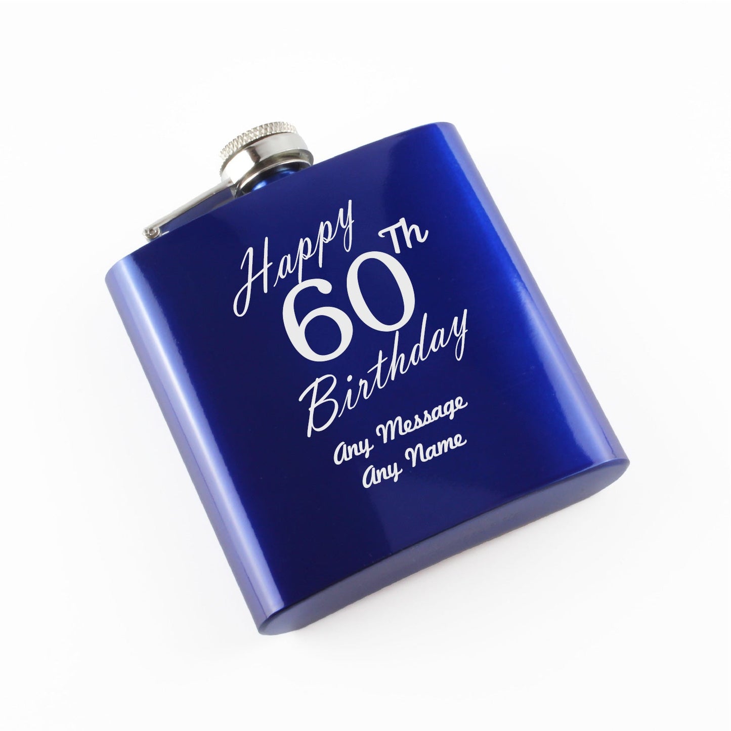 Engraved 6oz Blue Steel Hip Flask Happy 60th Birthday