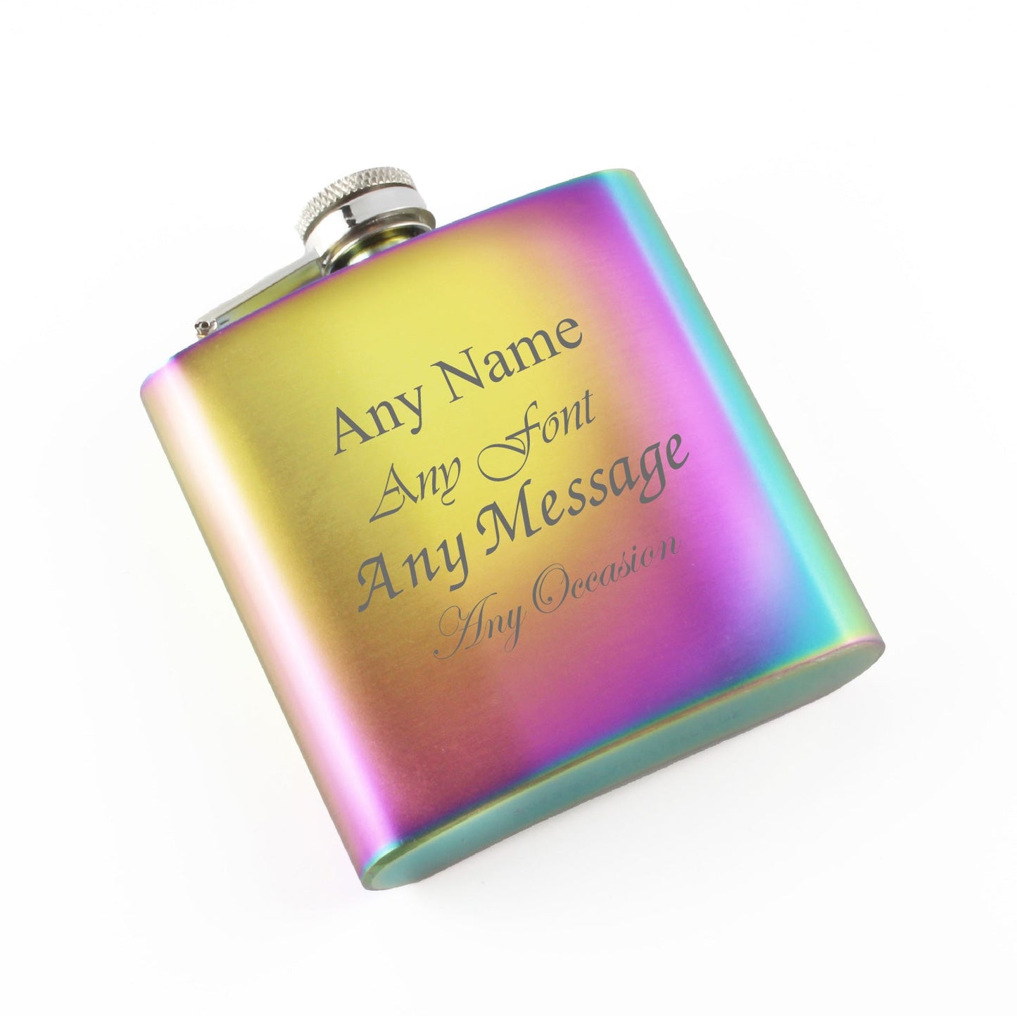 Engraved 6oz Rainbow Steel Hip Flask Any Message UK Engraved