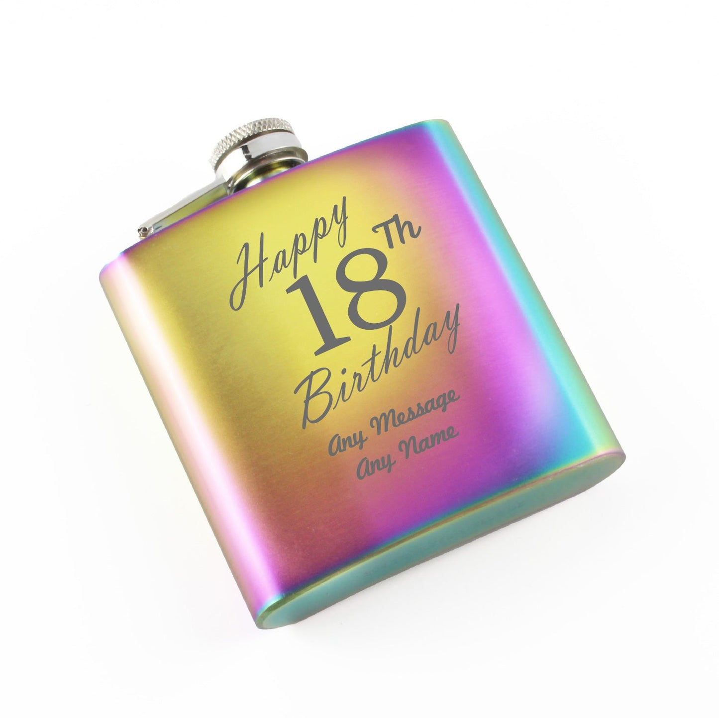 Engraved 6oz Rainbow Steel Hip Flask Happy 18th Birthday