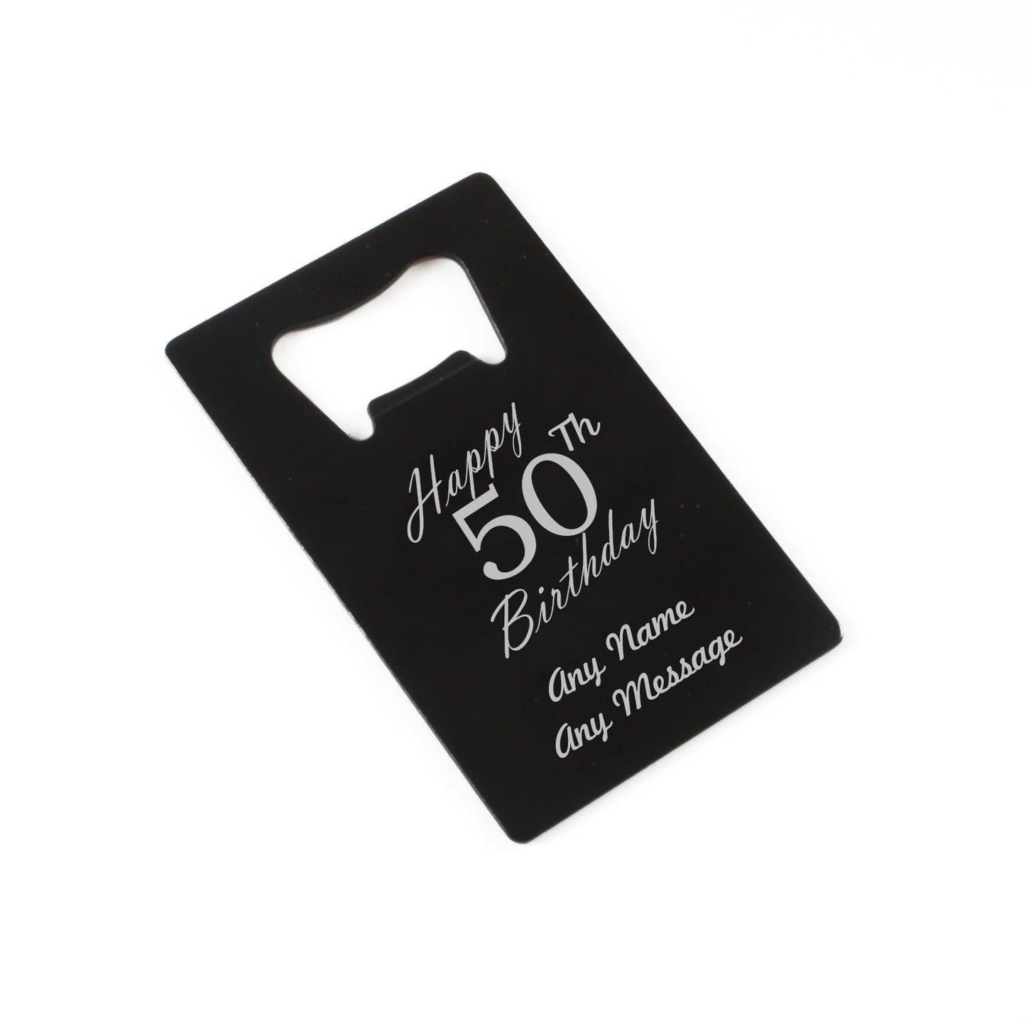 Engraved Portable Wallet Card Bottle Opener Black Happy 50th Birthday