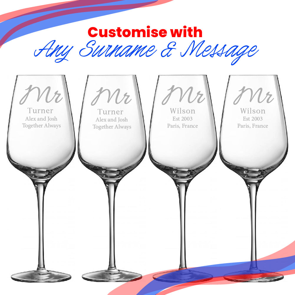 Engraved Mr and Mr Sublym Wine Glasses, 15.8oz/450ml, Elegant Font