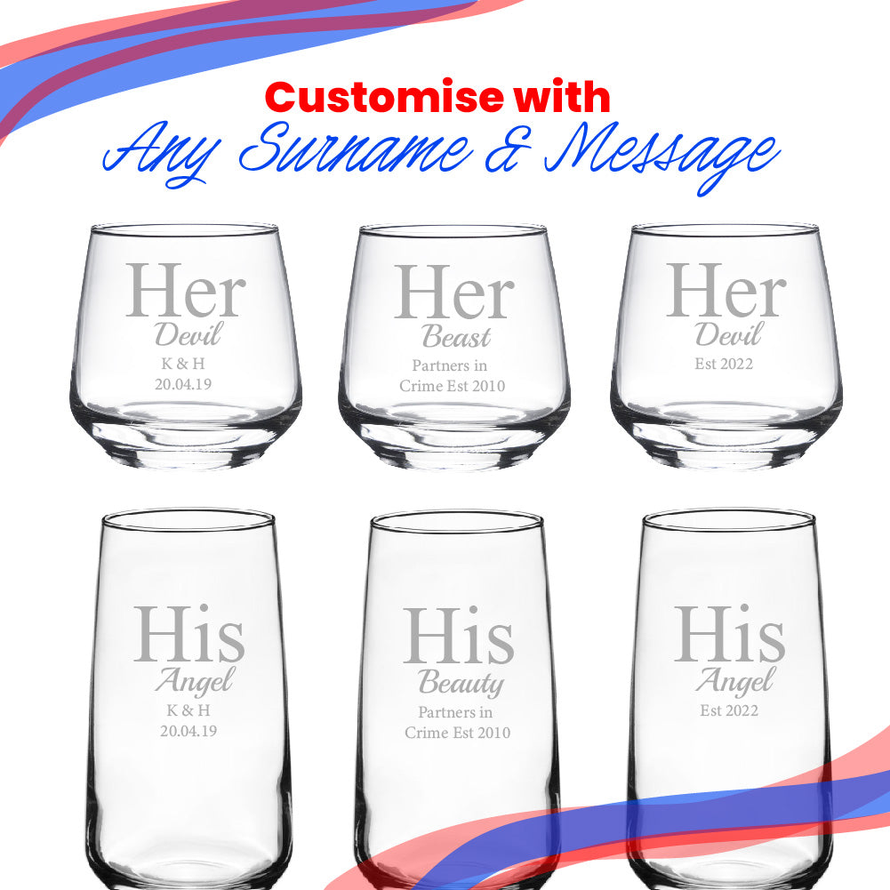 Engraved His and Hers Any Text Whisky and Cocktail Glass Set