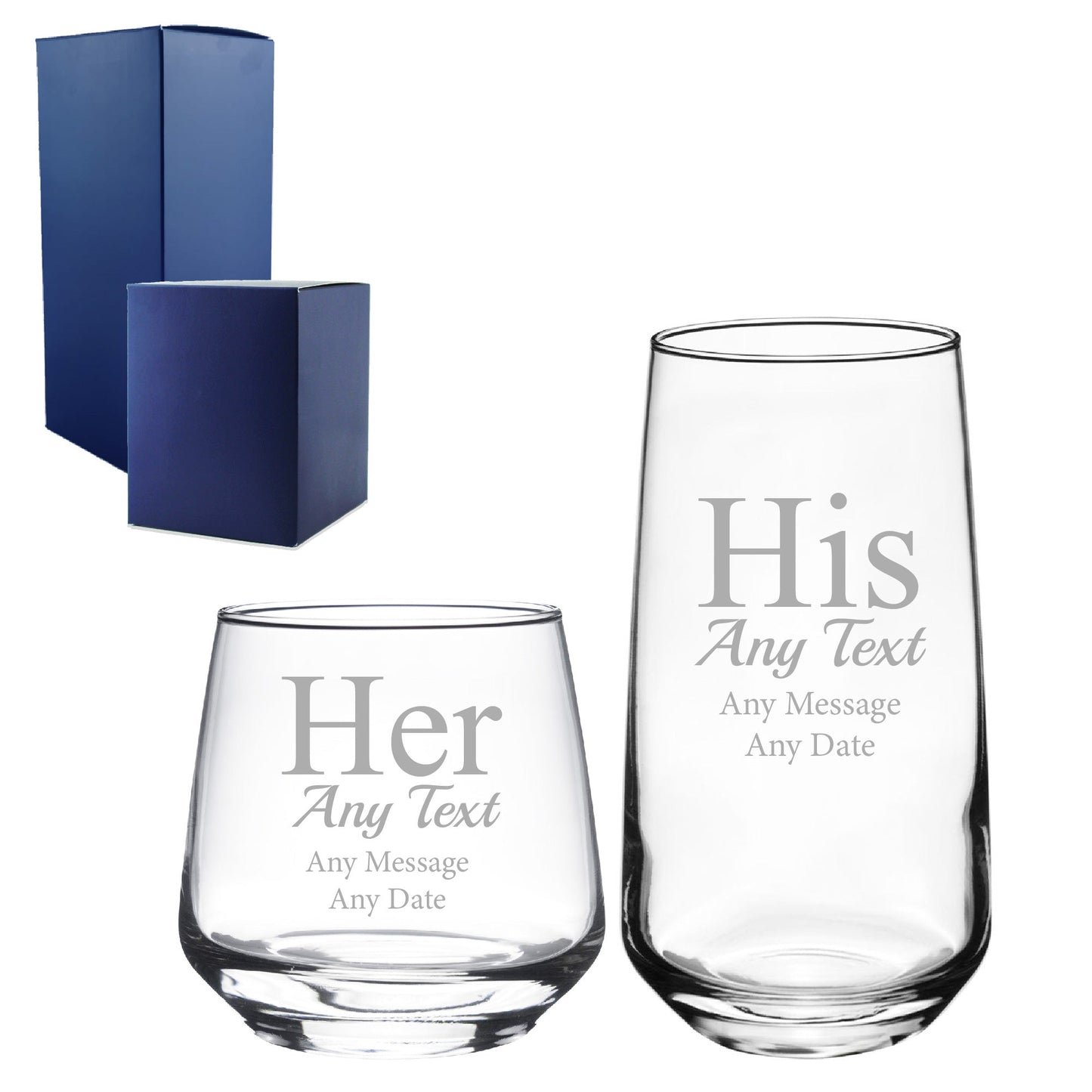 Engraved His and Hers Any Text Whisky and Cocktail Glass Set