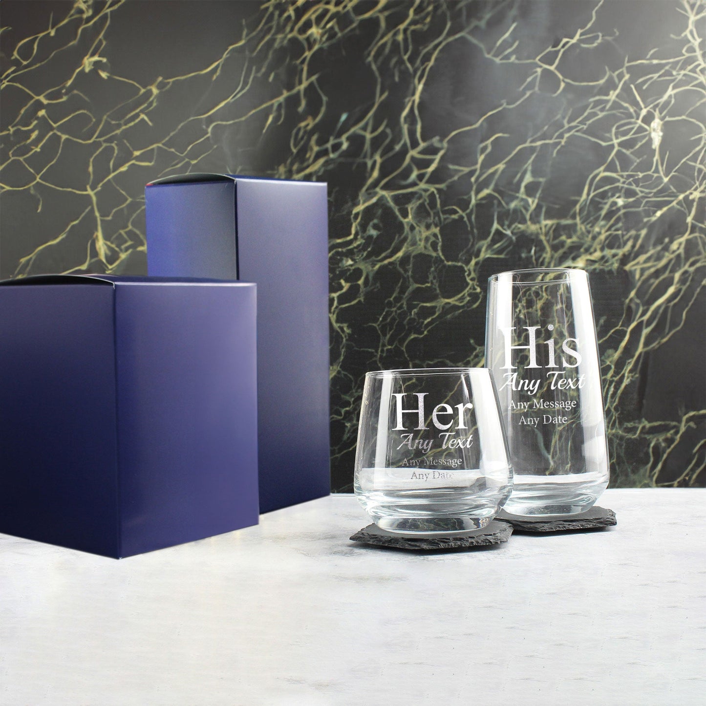 Engraved His and Hers Any Text Whisky and Cocktail Glass Set