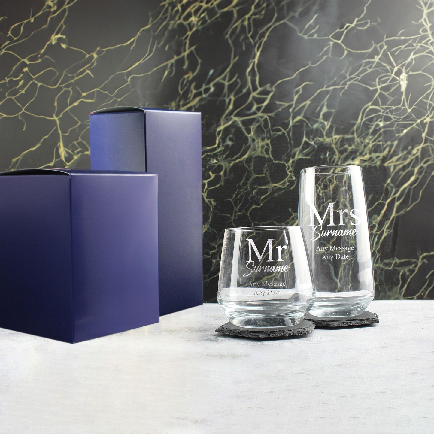 Engraved Mr and Mrs Whisky and Cocktail Set, Classic Font