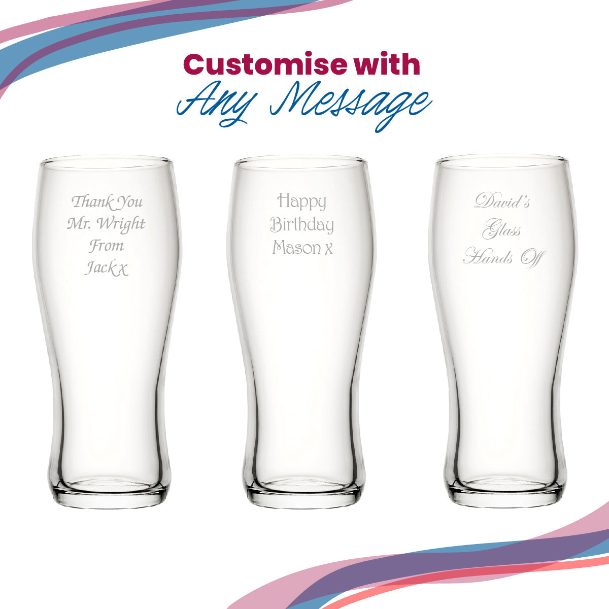 Engraved Beer Glasses and Tankards with Personalised Reverse Message and Design