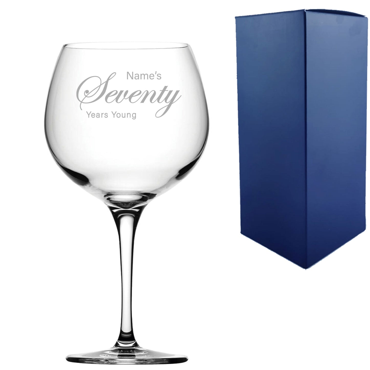 Engraved 70th Birthday Primeur Gin Glass Years Young Curly Font