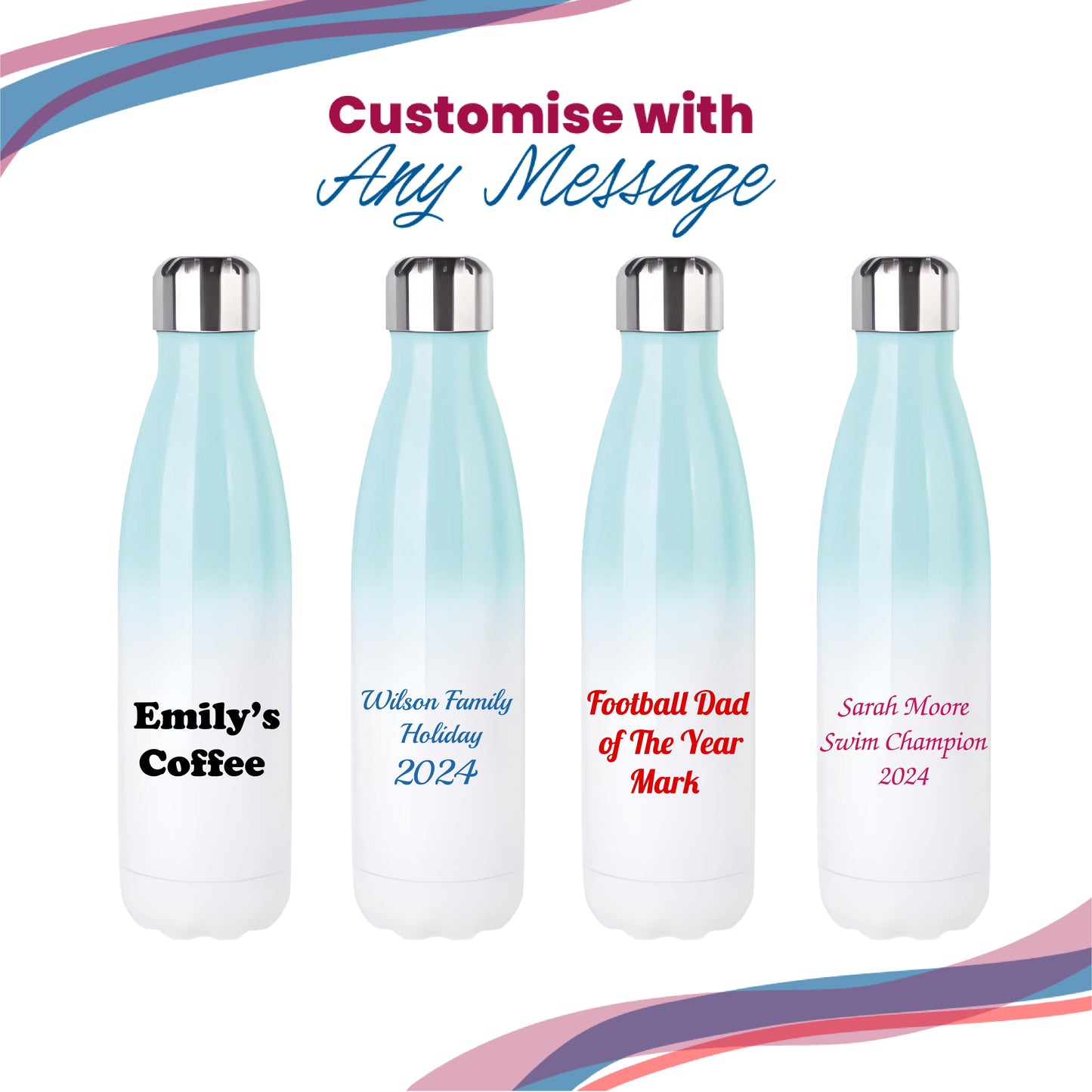 Printed Blue Gradient Thermal Bottle, Any Message, Stainless Steel 500ml/17oz
