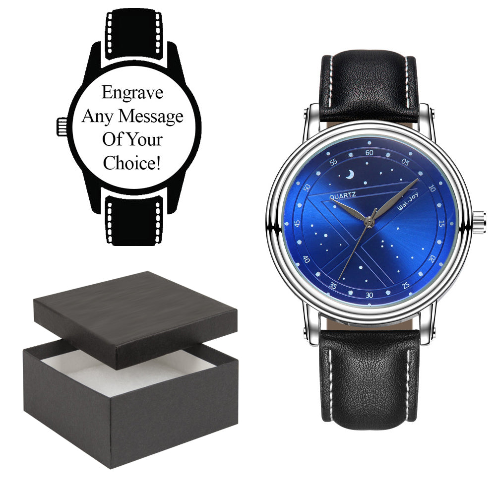 Engraved Black Leather Strap and Blue Face Watch