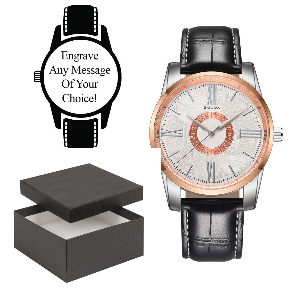 Engraved Black Leather Strap and White, Rose Gold Face Watch