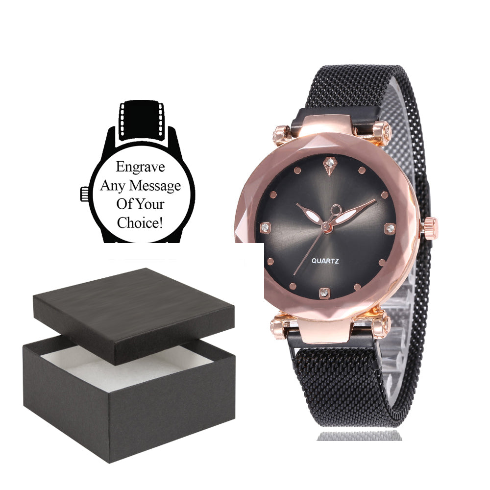 Personalised Engraved Watch Black Magnet Mesh Buckle Quartz Stylish Designed Watch