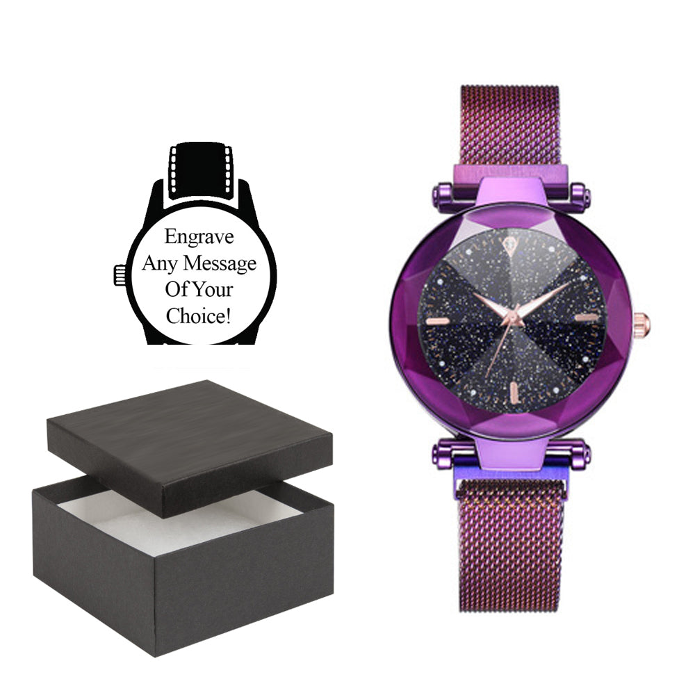 Personalised Engraved Watch Diamond Infused Black Watch Face with a Purple Body