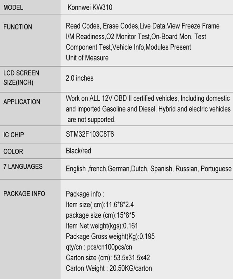 KONNWEI KW310 OBD Car Fault Detector Code Reader ELM327 OBD2 Scanner Diagnostic Tool(Red)