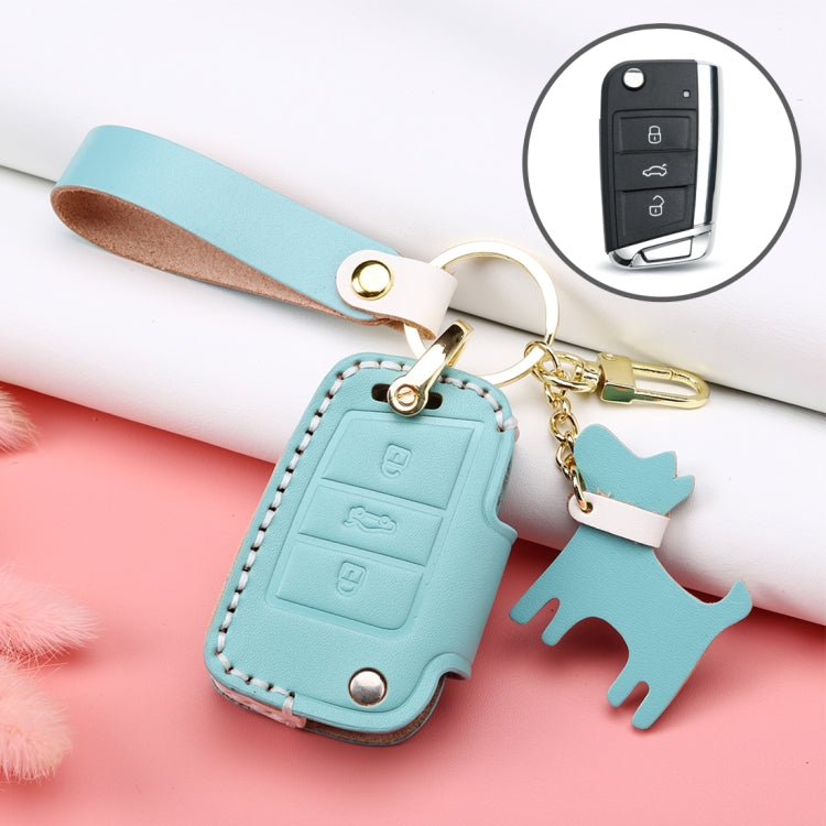 Hallmo Car Female Style Cowhide Leather Key Protective Cover for Volkswagen, B Type Folding(Lake Blue)