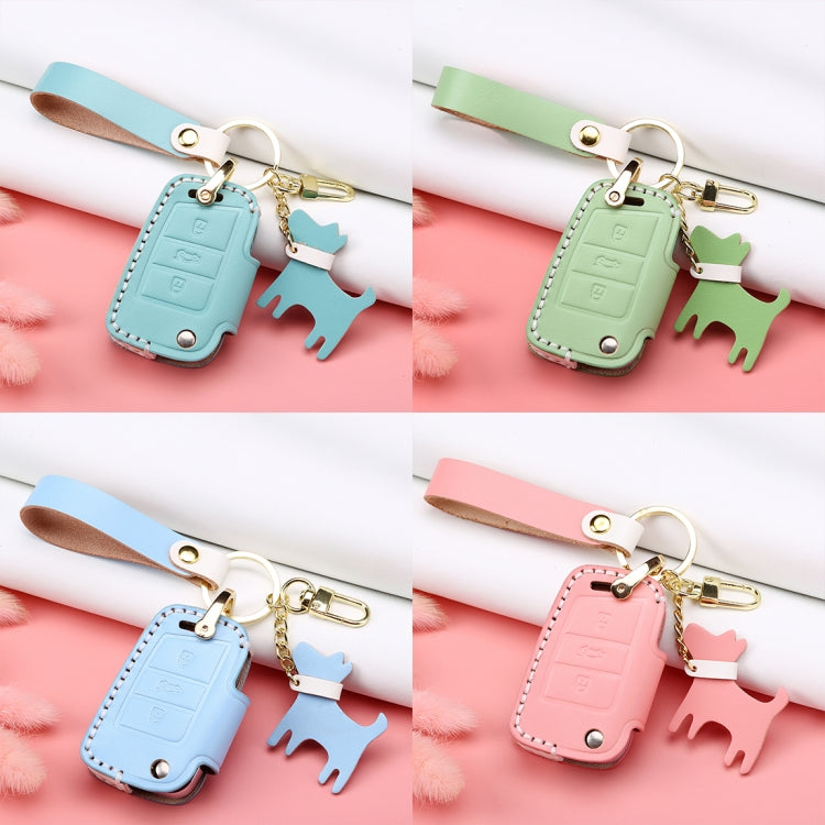 Hallmo Car Female Style Cowhide Leather Key Protective Cover for Volkswagen, B Type Folding(Grass Green)