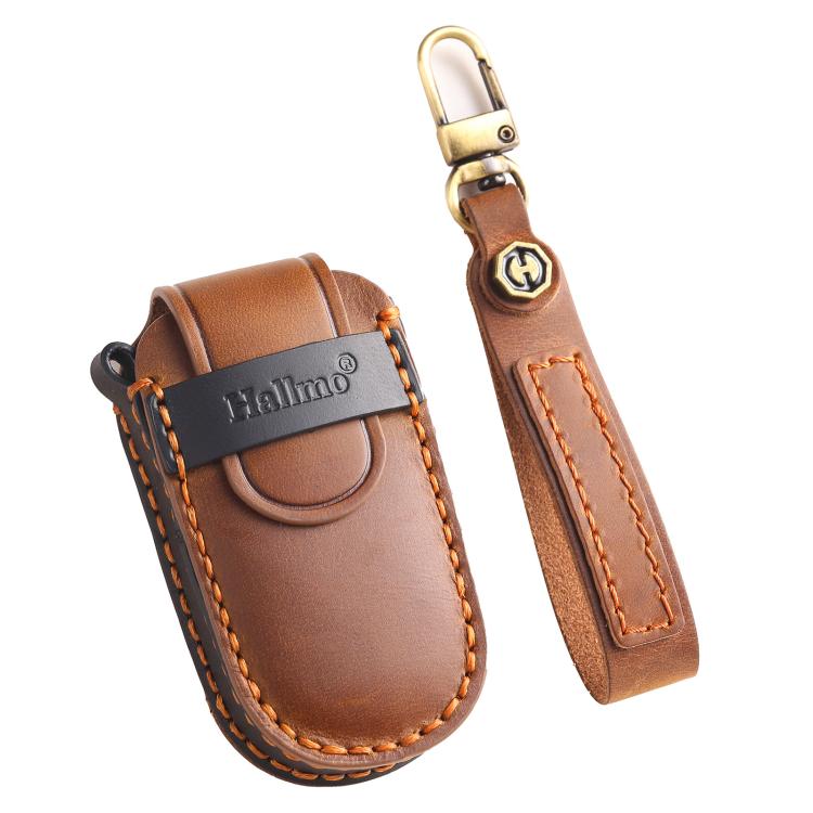 Hallmo Car Genuine Leather Key Protective Cover for Jeep Compass 4-button(Brown)