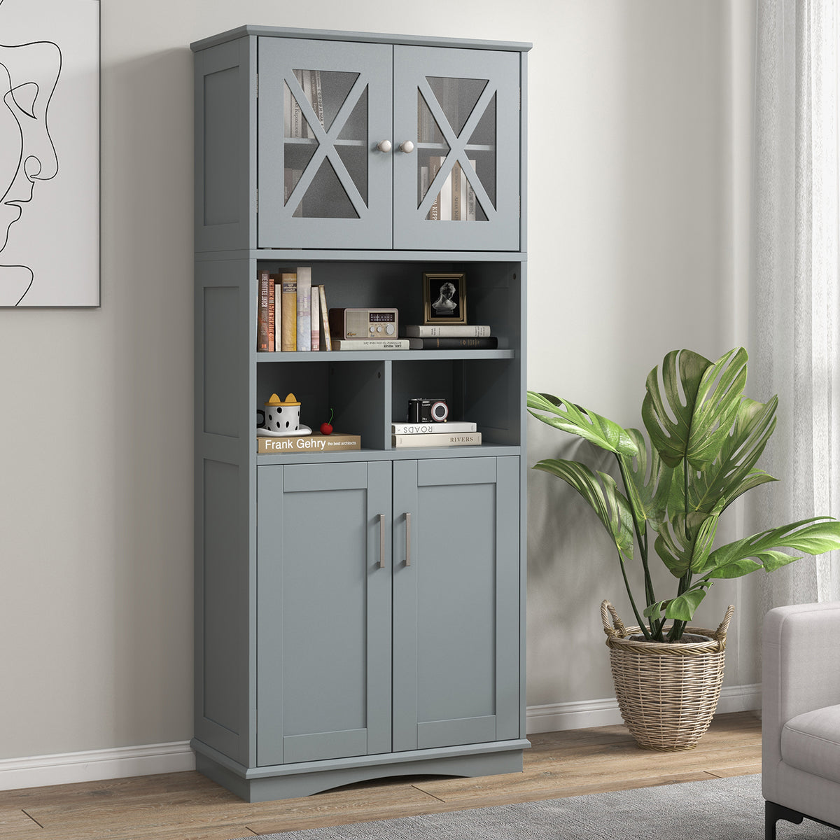 Tall Bathroom Floor Storage Cabinet with Acrylic Doors and 3 Cubes-White