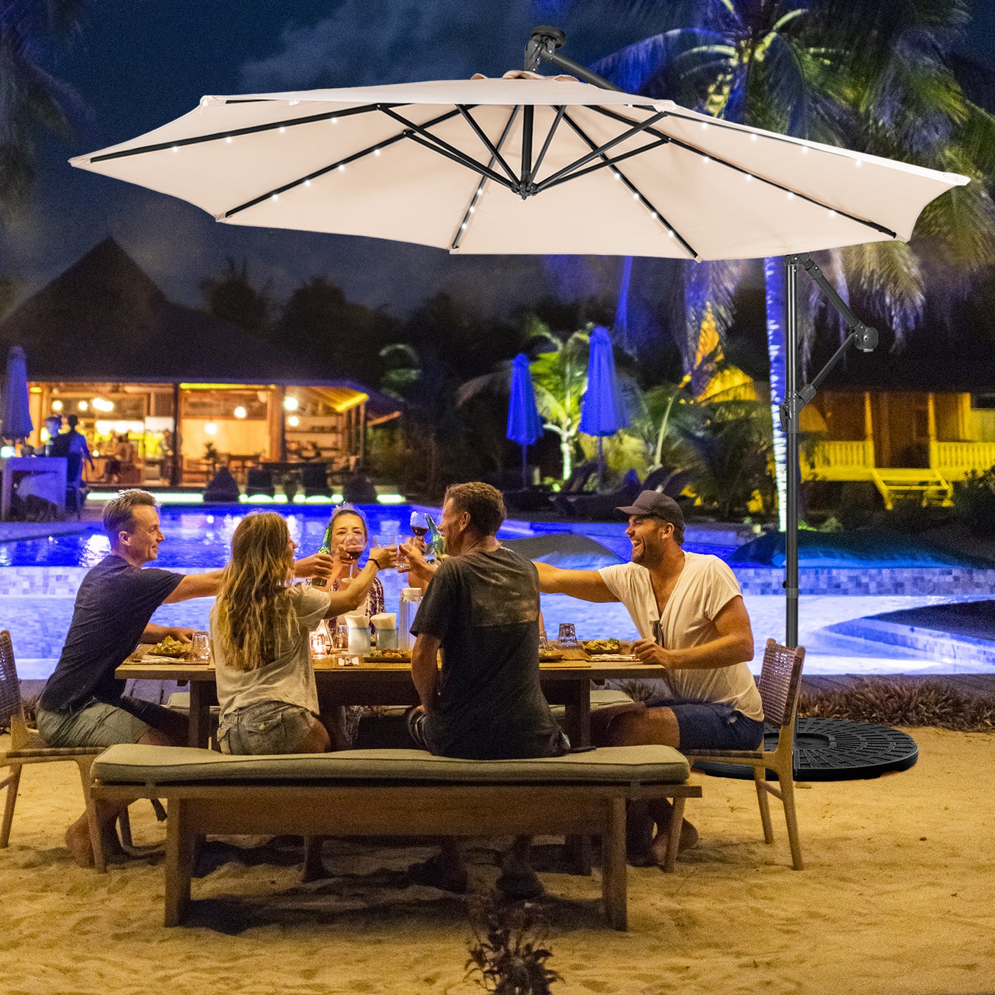 10 ft Cantilever Umbrella with 32 Solar-Powered LED Lights for Backyard Poolside Market-Wine
