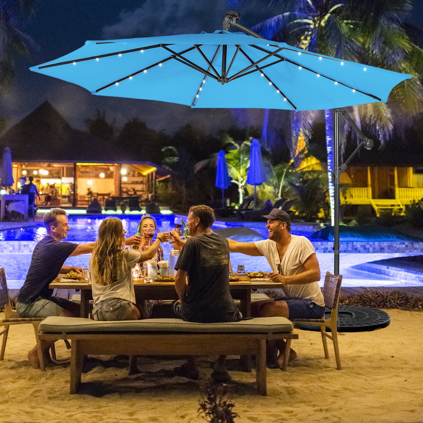 10 ft Cantilever Umbrella with 32 Solar-Powered LED Lights for Backyard Poolside Market-Wine