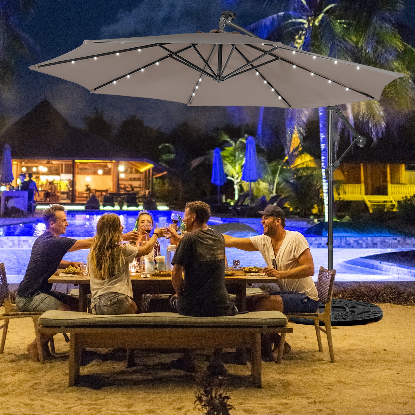 10 ft Cantilever Umbrella with 32 Solar-Powered LED Lights for Backyard Poolside Market-Wine