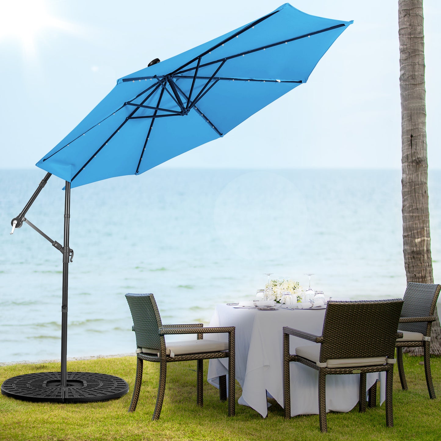 10 ft Cantilever Umbrella with 32 Solar-Powered LED Lights for Backyard Poolside Market-Wine