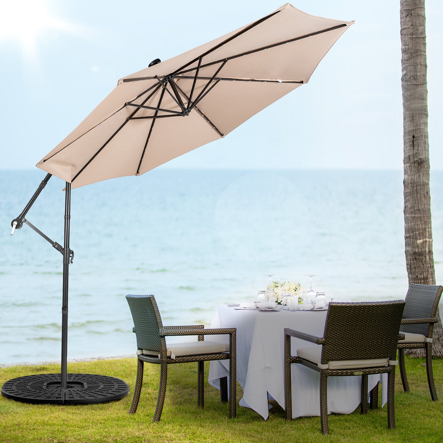 10 ft Cantilever Umbrella with 32 Solar-Powered LED Lights for Backyard Poolside Market-Wine