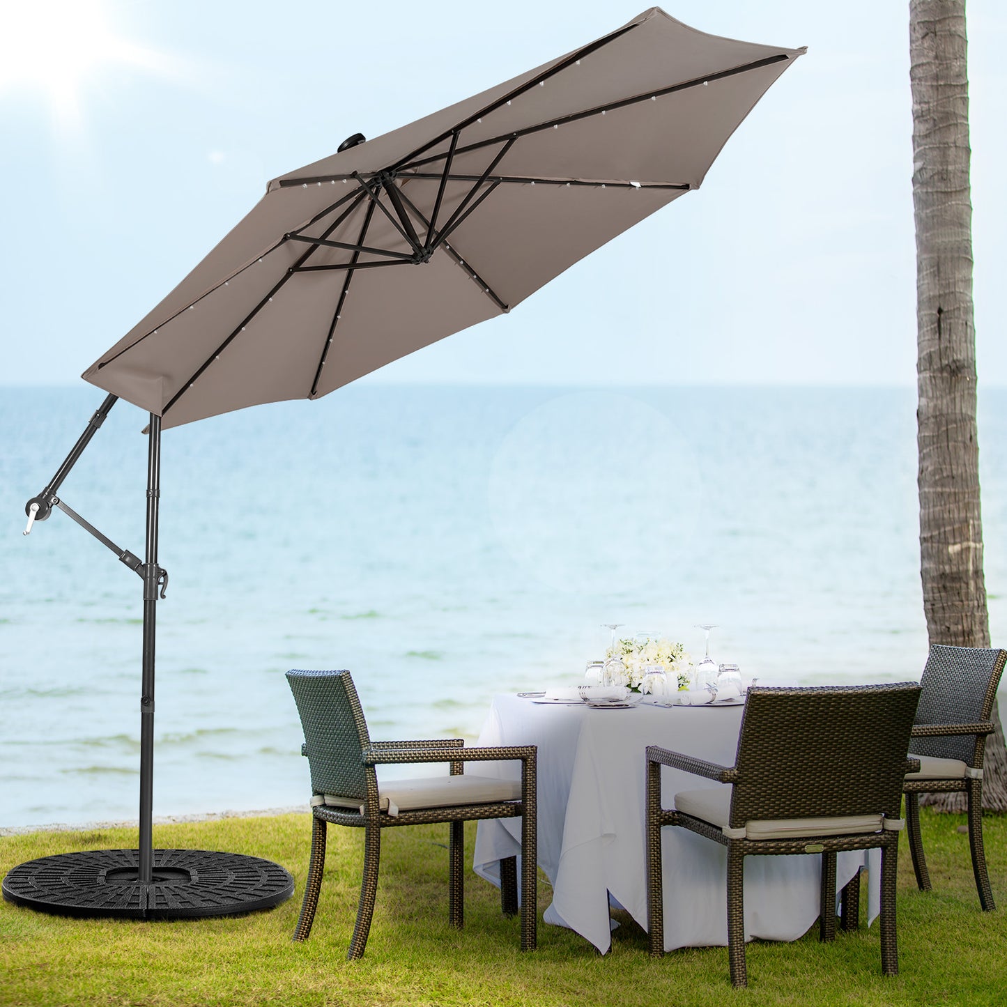 10 ft Cantilever Umbrella with 32 Solar-Powered LED Lights for Backyard Poolside Market-Wine