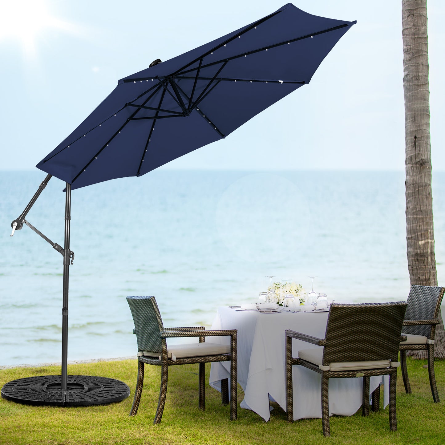 10 ft Cantilever Umbrella with 32 Solar-Powered LED Lights for Backyard Poolside Market-Wine