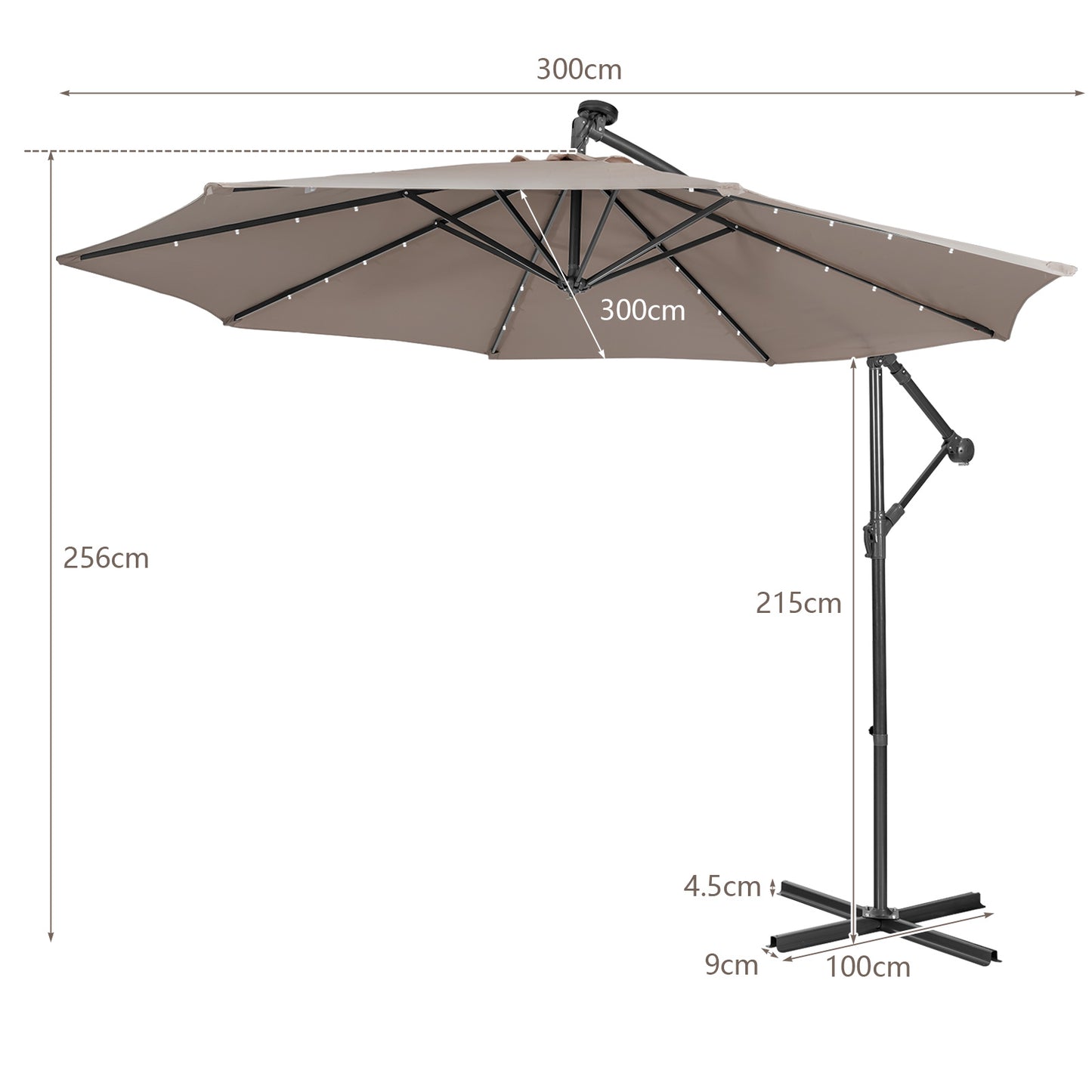 10 ft Cantilever Umbrella with 32 Solar-Powered LED Lights for Backyard Poolside Market-Wine