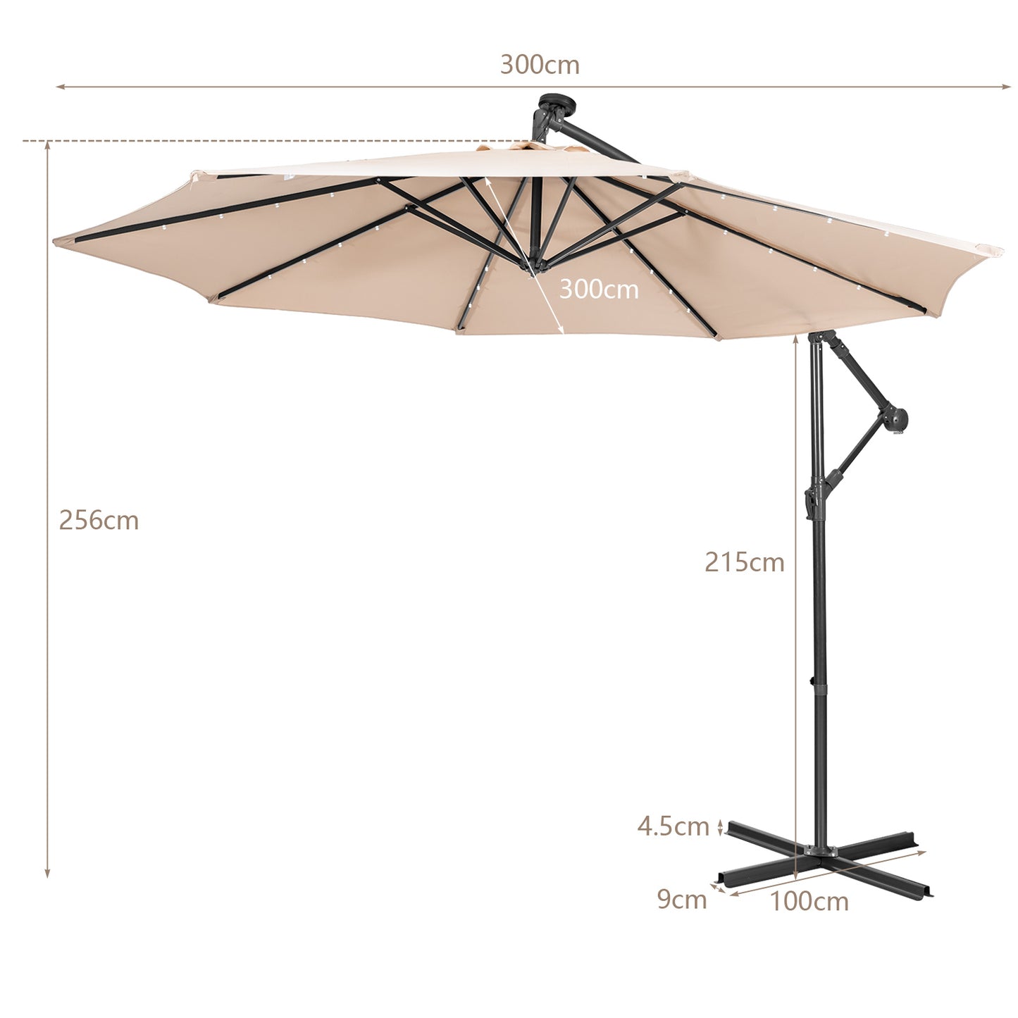 10 ft Cantilever Umbrella with 32 Solar-Powered LED Lights for Backyard Poolside Market-Wine