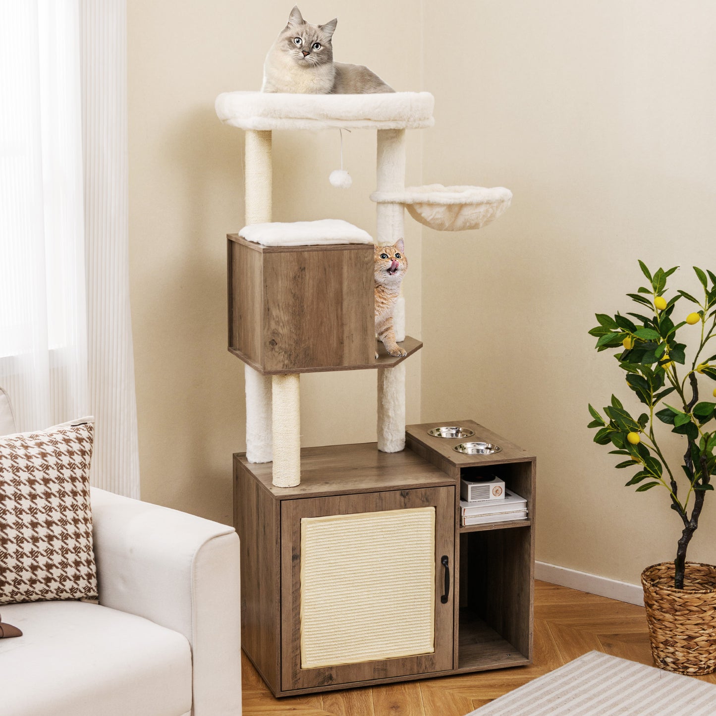 Cat Litter Box Enclosure with Sisal Scratching Post and Mat-Brown