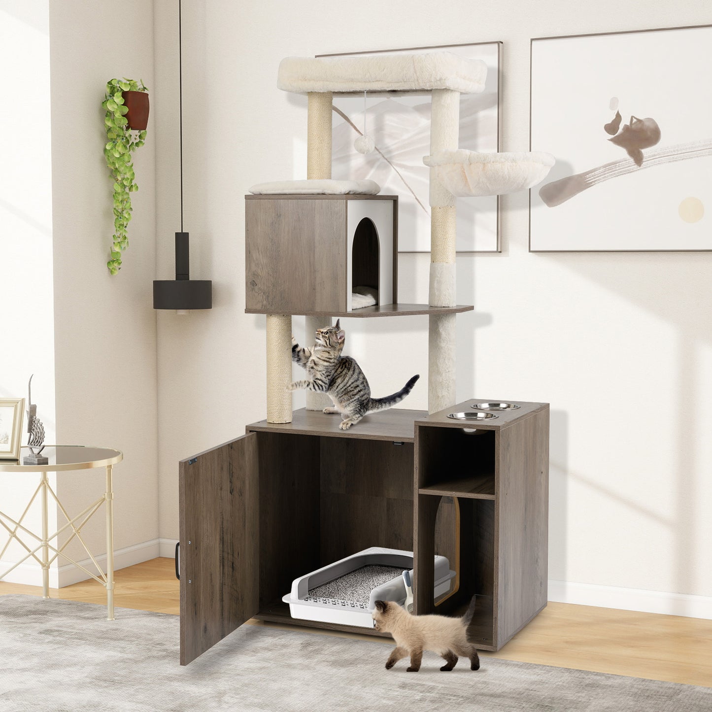 Cat Litter Box Enclosure with Sisal Scratching Post and Mat-Brown