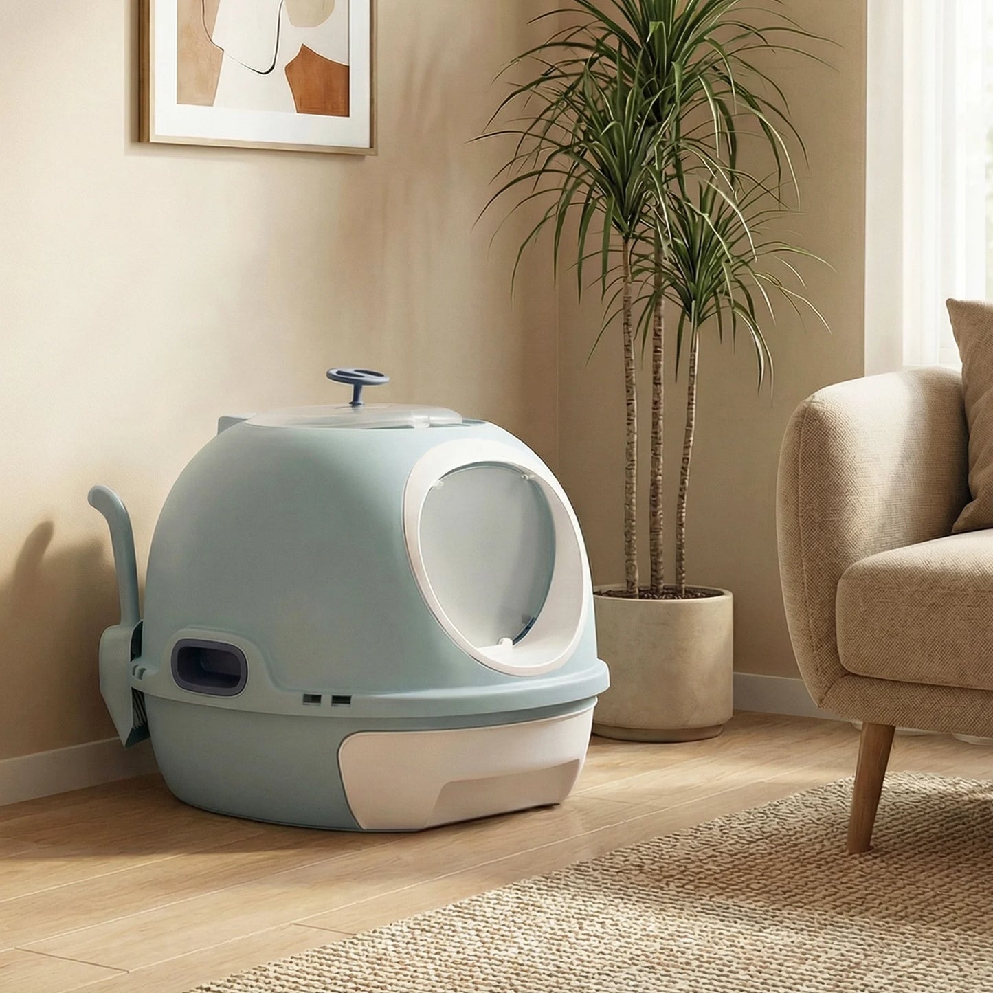 Cat Litter Box with Lid Helicopter Style Fully Enclosed Cat Toilet with Front Entry and Flip Top Exit-Blue