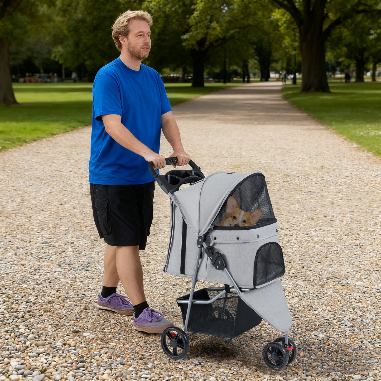 Pet Stroller with Adjustable Canopy and 3 Shock-absorbing Wheels-Black