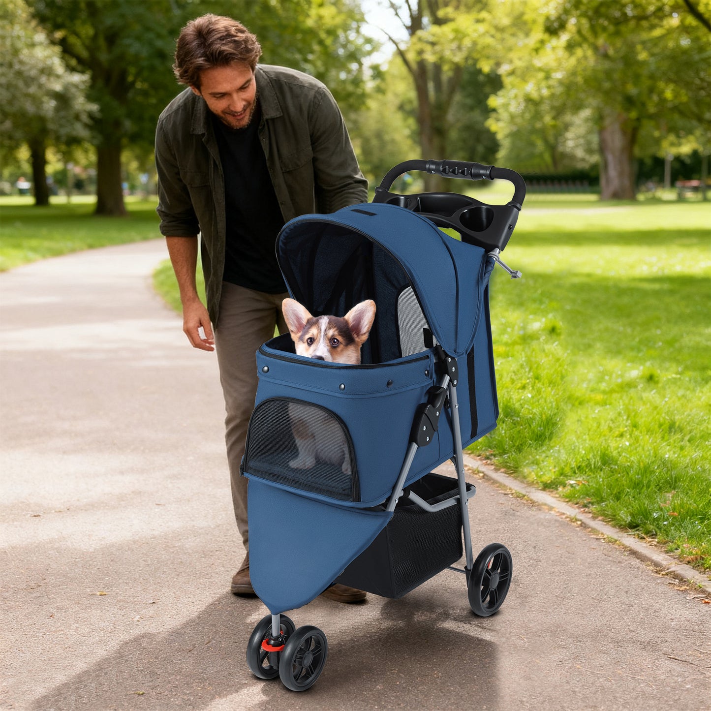 Pet Stroller with Adjustable Canopy and 3 Shock-absorbing Wheels-Black