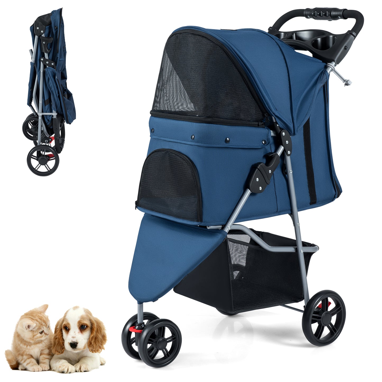 Pet Stroller with Adjustable Canopy and 3 Shock-absorbing Wheels-Black