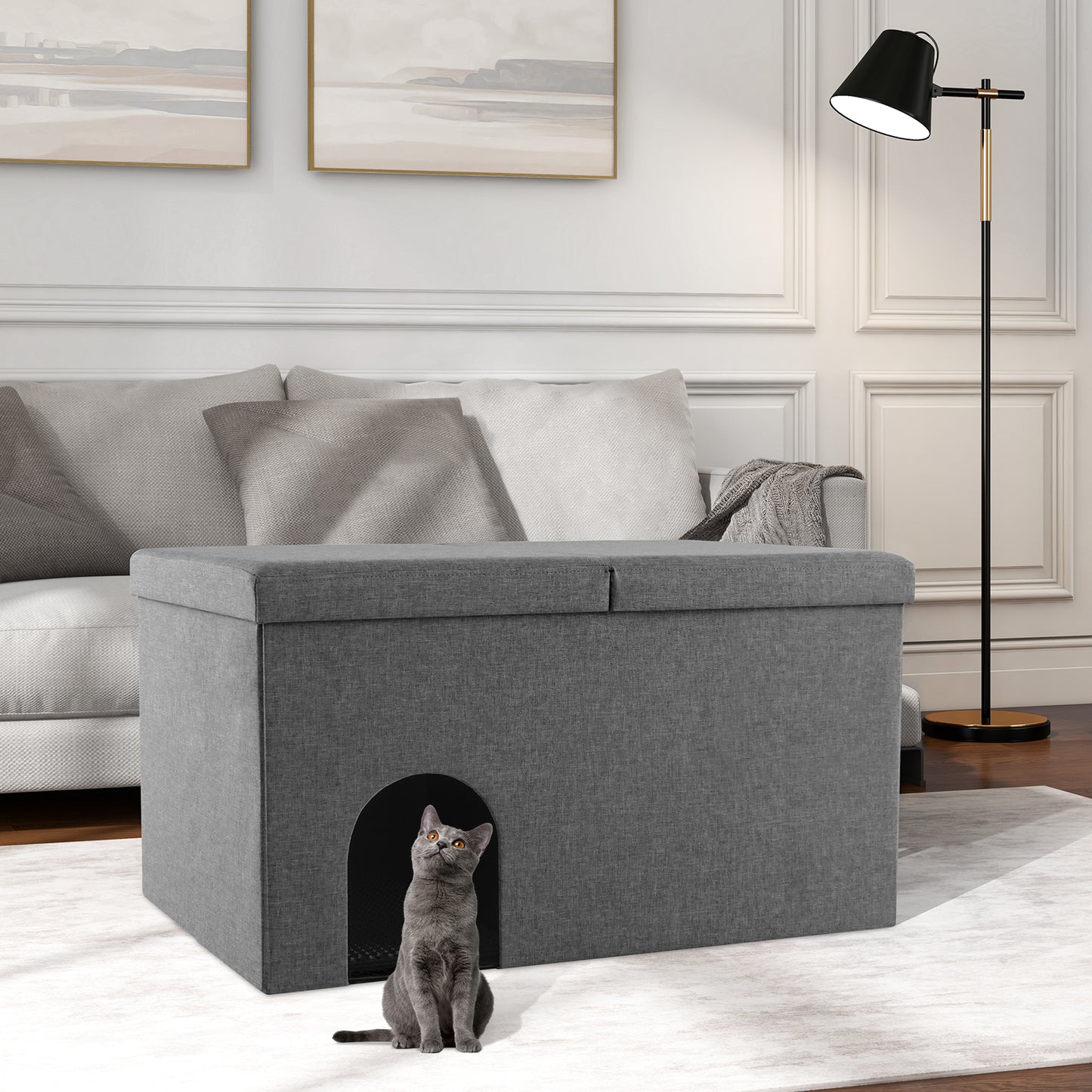 3-in-1 Hidden Cat Washroom Ottoman Shoe Bench-Beige