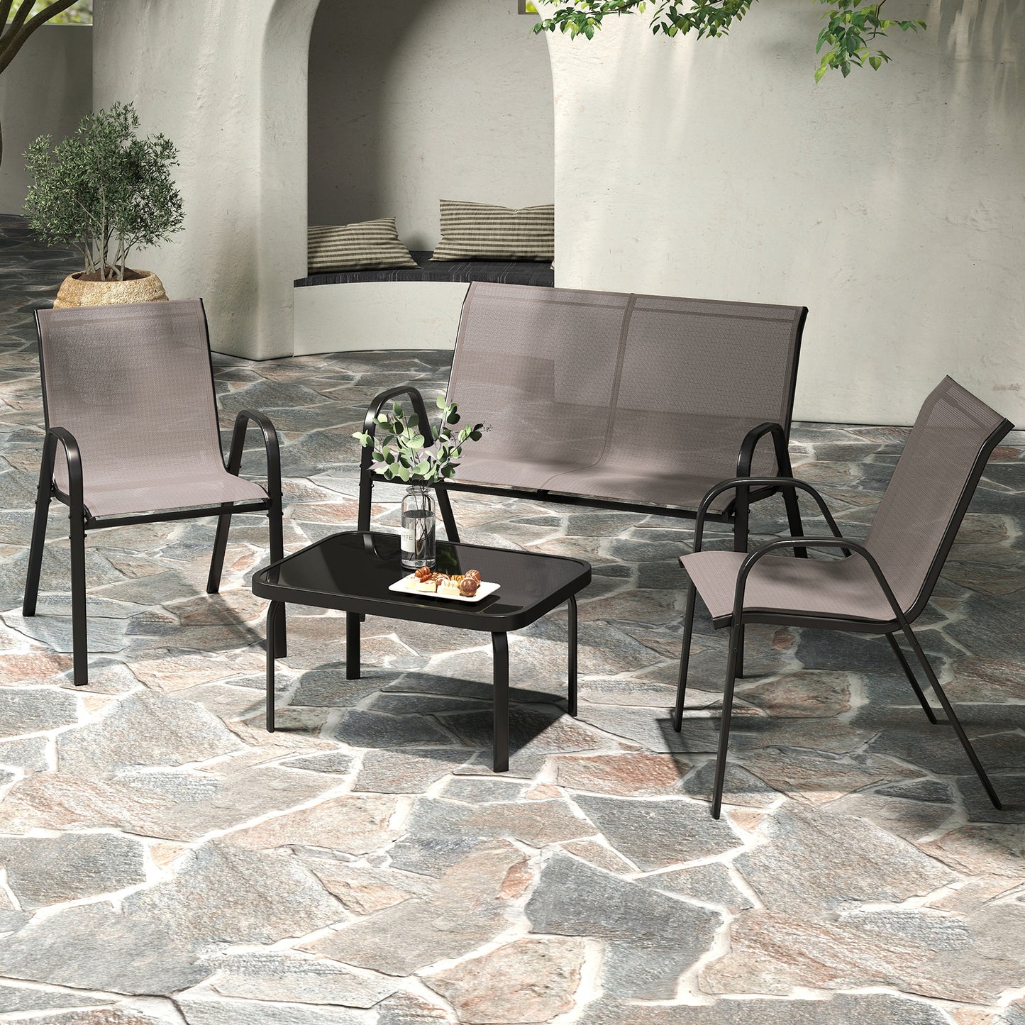 4 Piece Modern Chair and Table Set with Fabric Seat and Tempered Glass Tabletop-Black
