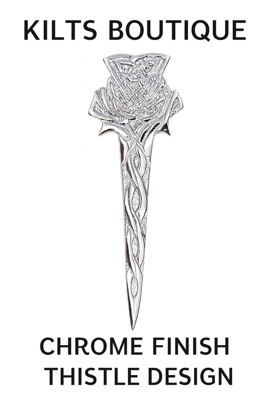 Kilts Boutique Chrome Finish Scottish Thistle Kilt Pin – Celtic Knot Design, Highland Dress Accessory, 9.5cm