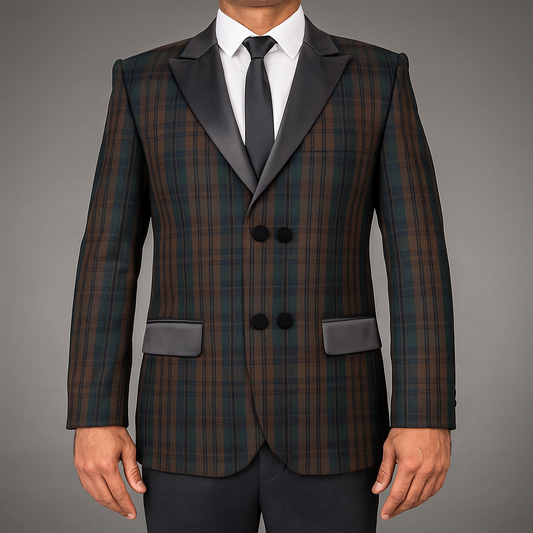 Men’s Scottish BlackWatch Weathered Tartan Blazer Jacket – Acrylic Wool Fabric, Satin Lapels, Double-Breasted