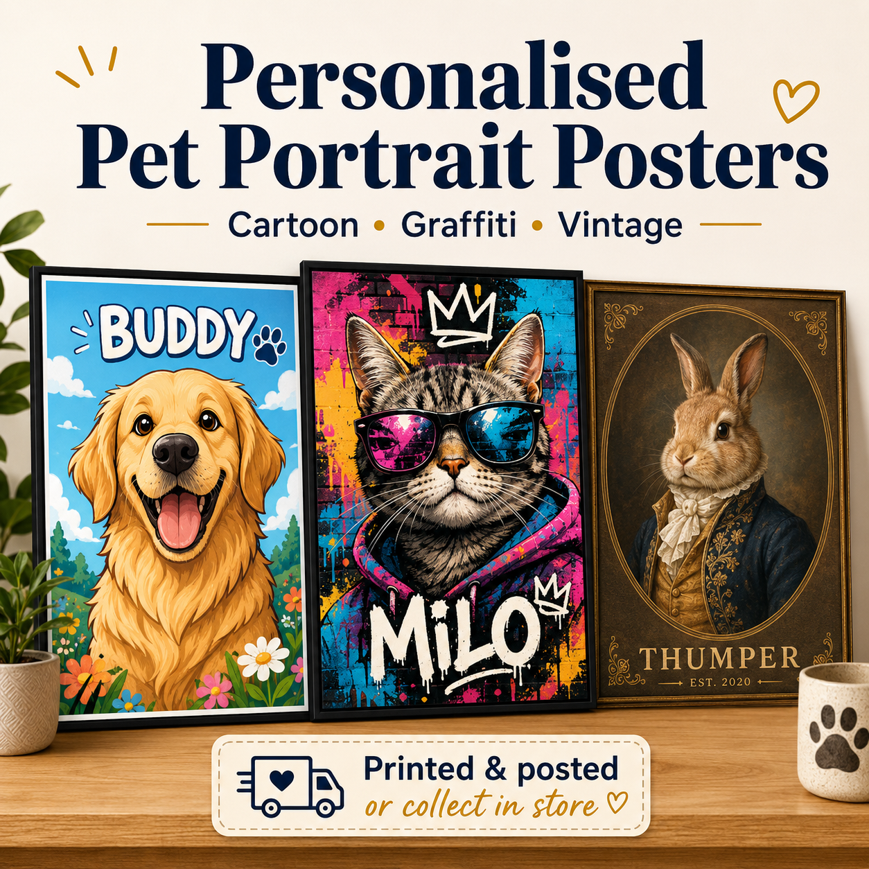 Personalised Pet Portrait Poster – Cartoon, Graffiti or Vintage