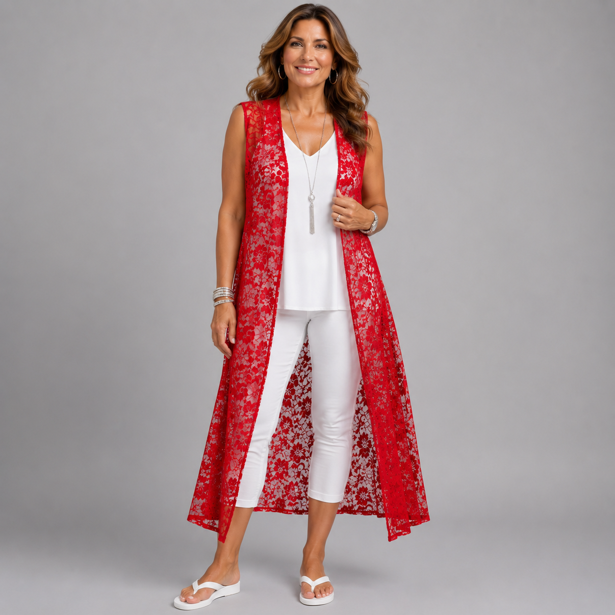 Sleeveless Lace Open Front Duster Jacket