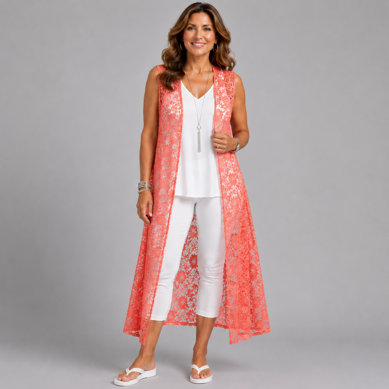 Sleeveless Lace Open Front Duster Jacket