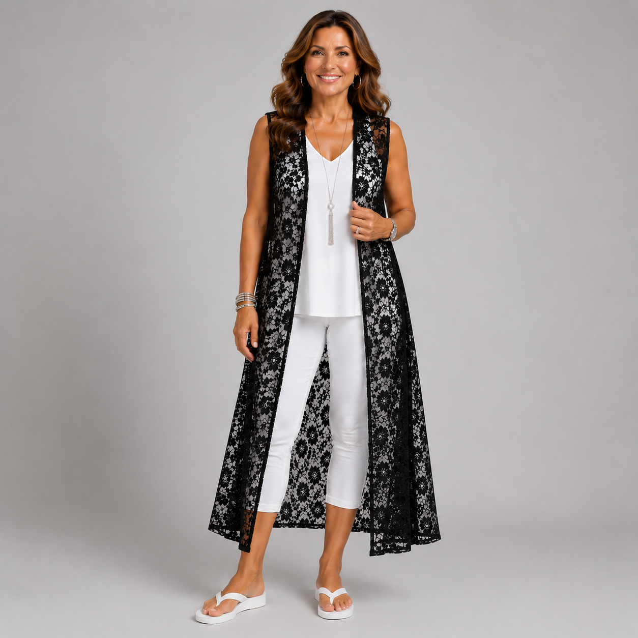 Sleeveless Lace Open Front Duster Jacket