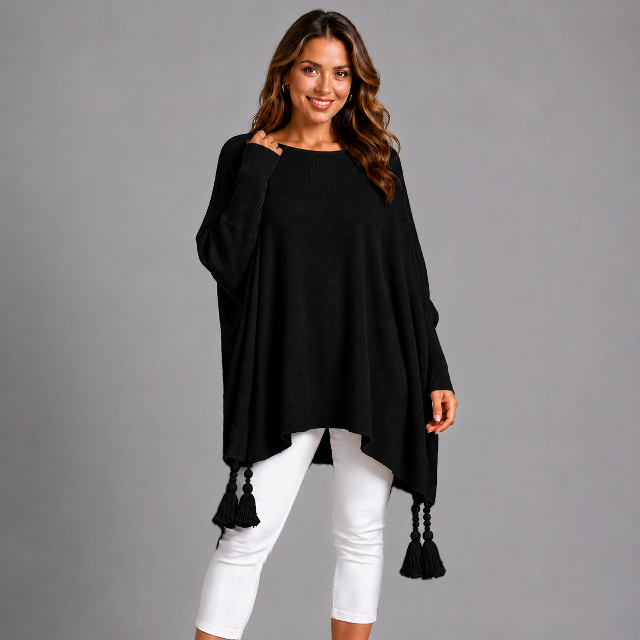 Slash Neck Oversized Jumper with Tassel Detail