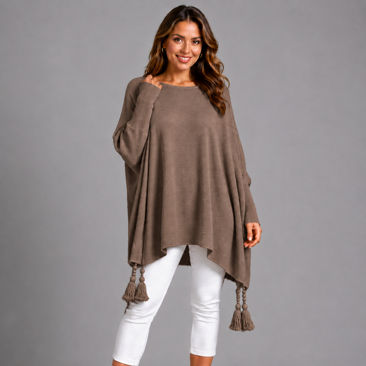Slash Neck Oversized Jumper with Tassel Detail