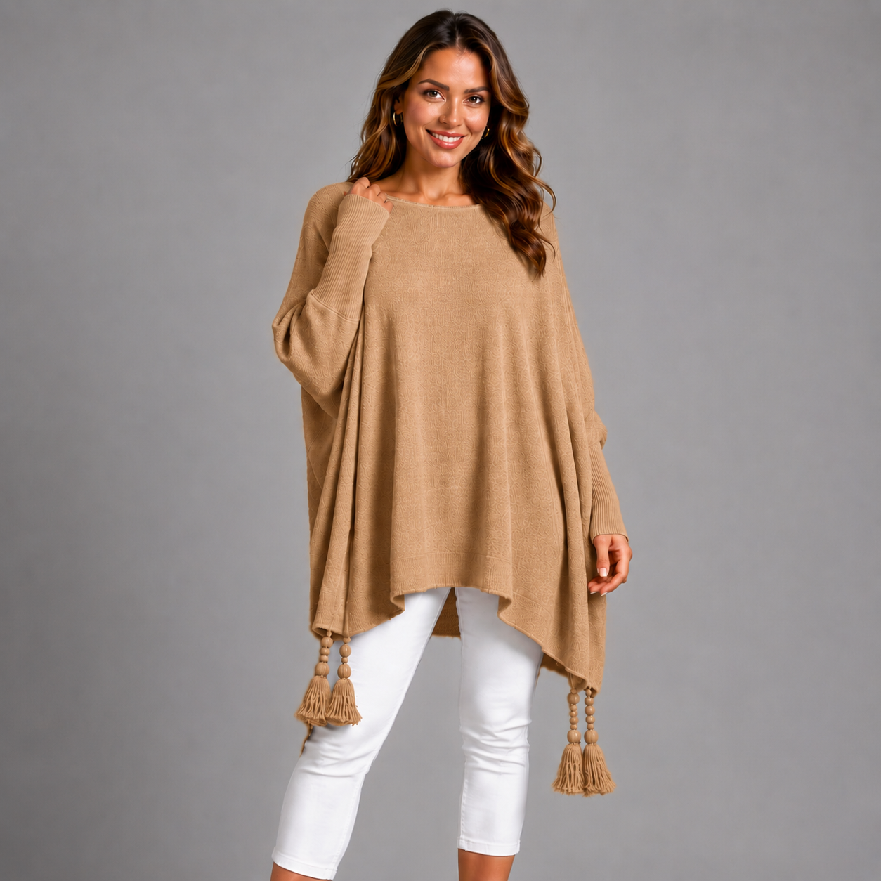 Slash Neck Oversized Jumper with Tassel Detail