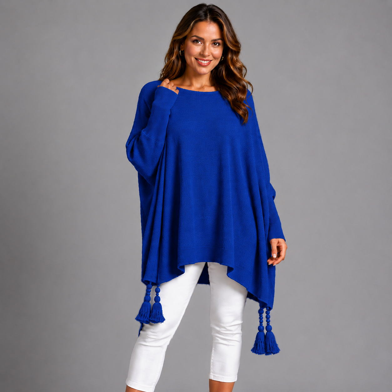 Slash Neck Oversized Jumper with Tassel Detail